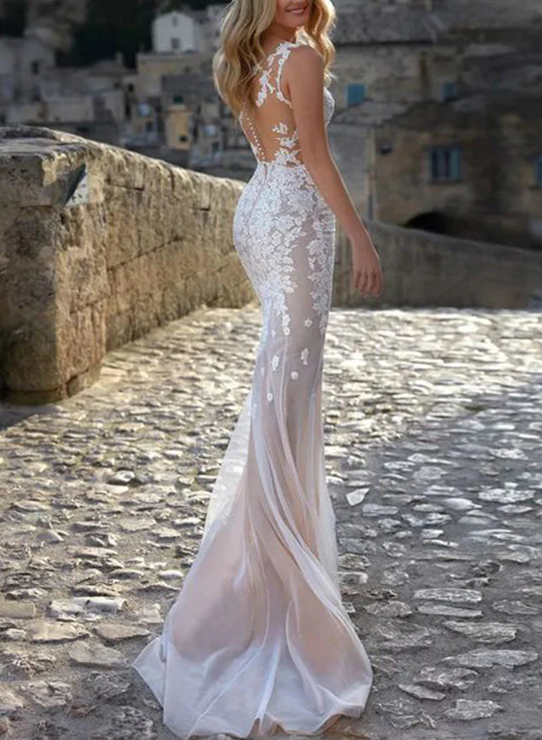 Luolandi Sweetheart Lace/Tulle Wedding Dress With Appliques Lace Sleeveless Floor Length Elegant