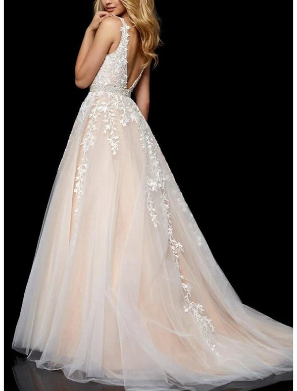 Luolandi A-Line Prom Dresses Elegant Dress Formal Prom Floor Length Sleeveless V Neck Tulle with Beading Embroidery Appliques Beautiful