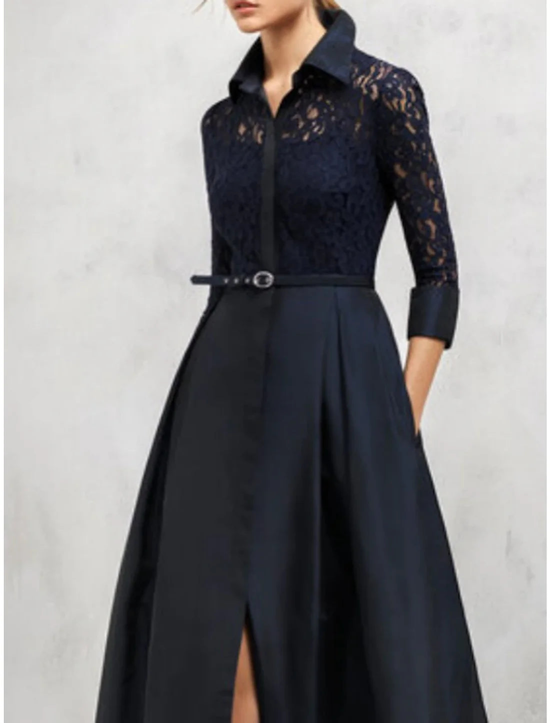 Luolandi A-Line Mother of the Bride Dress Wedding Guest Vintage Elegant Floor Length Satin Lace 3/4 Length Sleeve with Sash / Ribbon Split