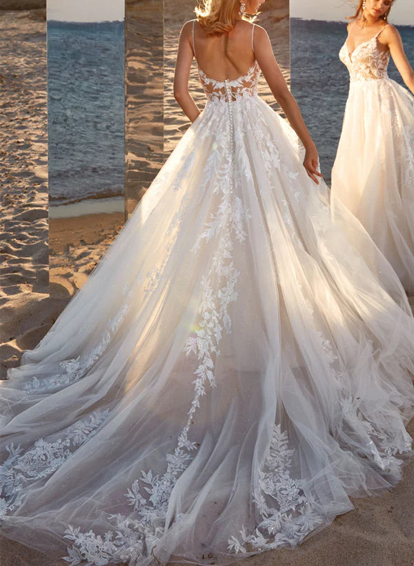 Luolandi Ball-Gown V-Neck Sleeveless Tulle Court Train Wedding Dress With Lace Appliques Floor Length