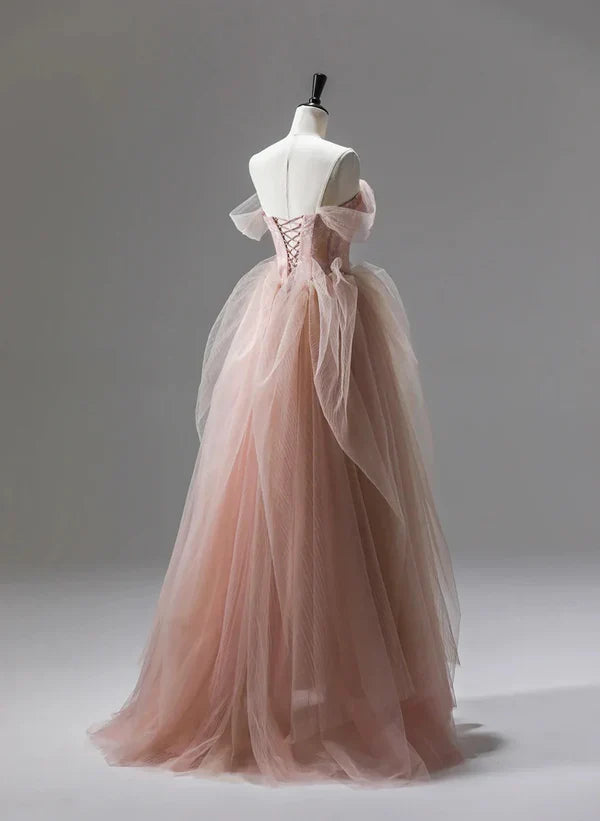 Luolandi A-Line Princess Pink Tulle Beaded Long Party Dress Prom Dress Floor Length Formal Dress Elegant