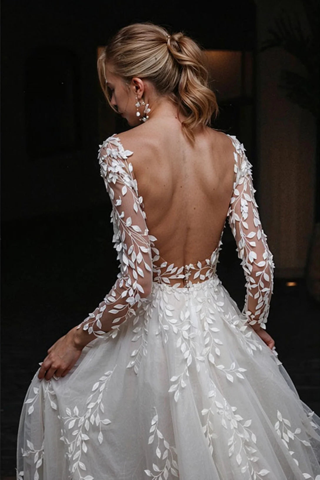 Luolandi Deep V Neck Wedding Dress A Line Appliques Bridal Dress With Sweep Train Open Back With Sleeves
