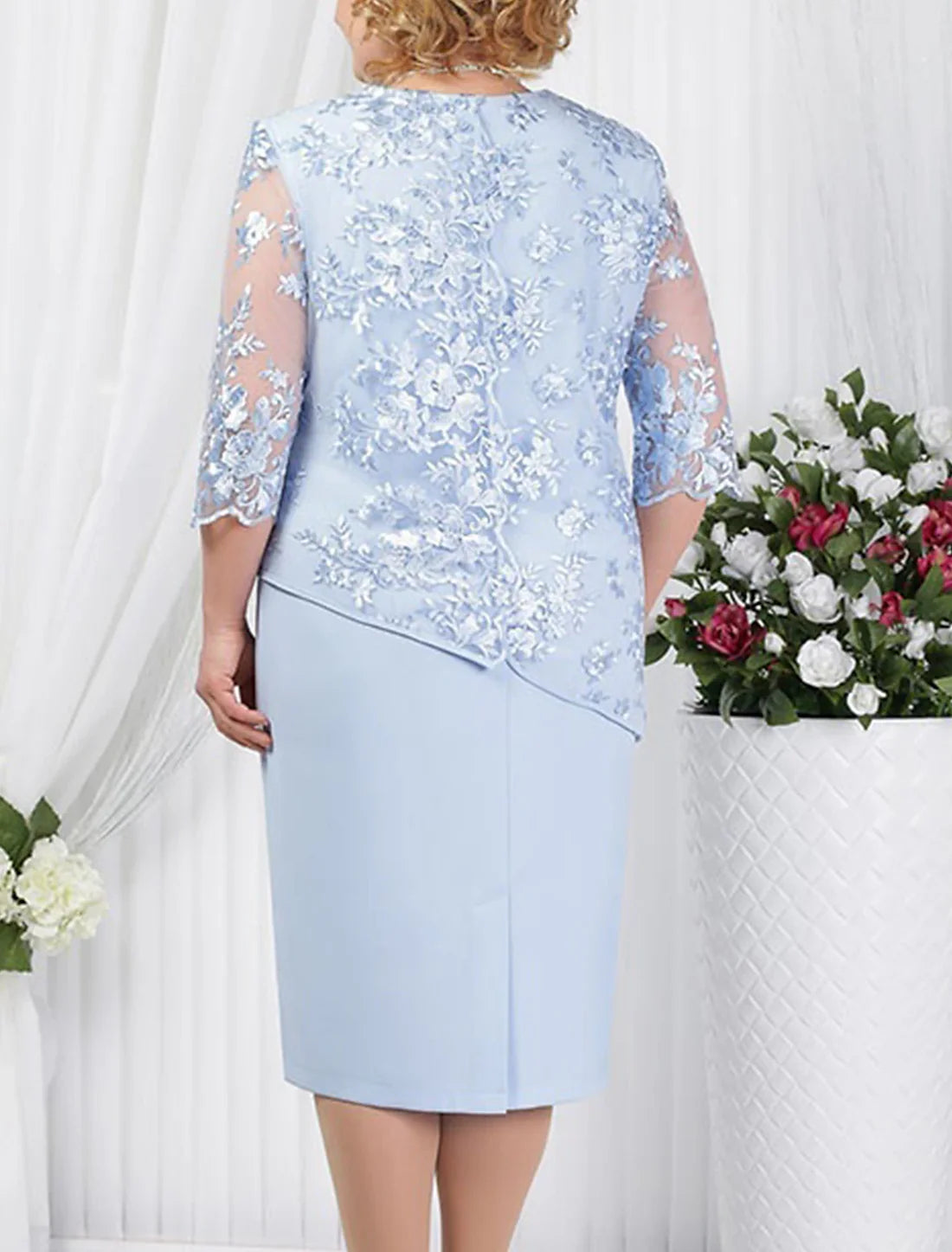 Luolandi Women's Plus Size Curve Sheath Dress Lace Dress Floral Round Neck Lace Half Sleeve Knee Length Party Daily Dress Mother of the Bride Dress