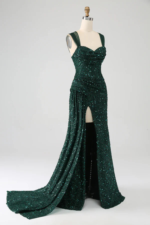 Luolandi Dark Green Sheath Sparkly Sequin Pleated Long Prom Dress With Split Evening Dress