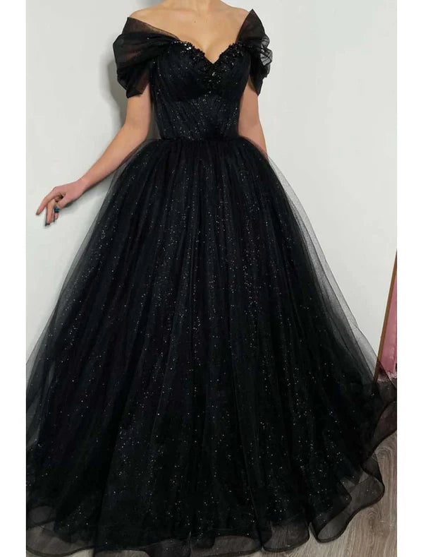 Luolandi A-Line Prom Dresses Elegant Dress Formal Floor Length Black Dress Short Sleeve Off Shoulder Tulle with Pleats Beading Sequin Evening Dress