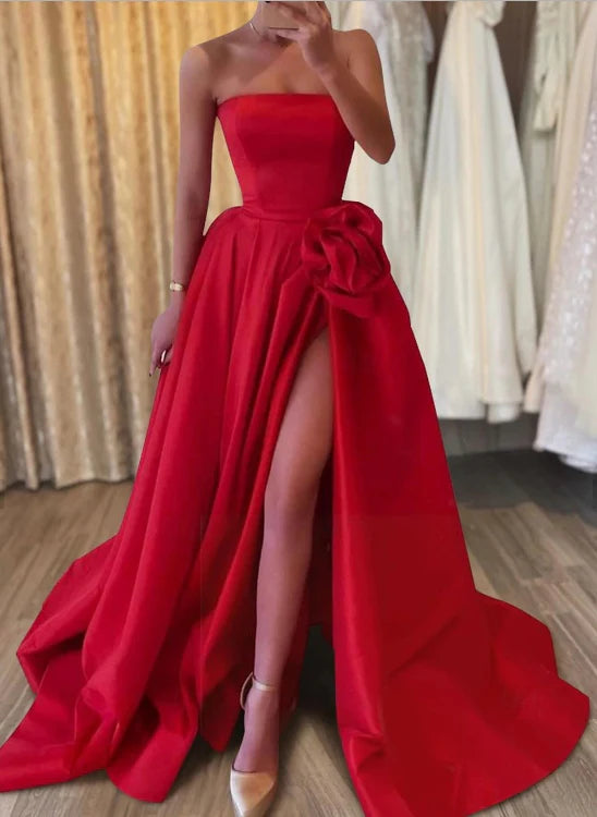 Luolandi A-Line Evening Gown Elegant Formal Sleeveless Strapless Satin Long Prom Dress with Slit No With Gloves