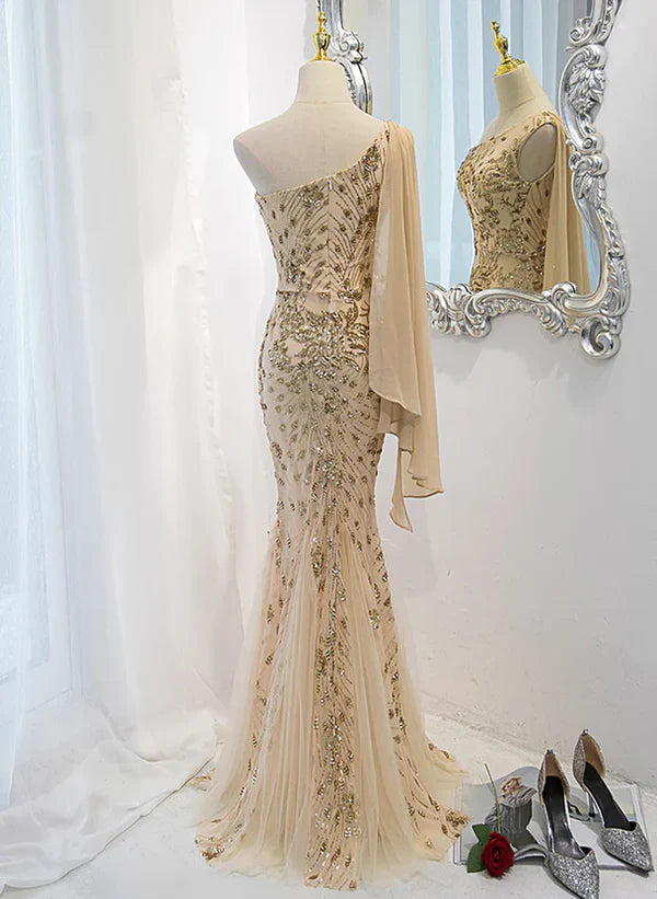 Luolandi Lovely One Shoulder Champagne Sequins Mermaid Prom Dress Champagne Evening Dress Sparkly