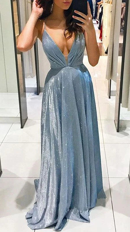Luolandi Sexy Shiny Deep V Neck A-Line Long Prom Dress Charming Evening Party Dress