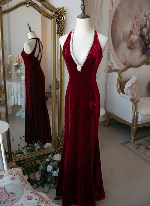 Luolandi Wine Red Velvet Deep V-Neck Mermaid Beaded Long Party Dress Prom Dress Evening Dress