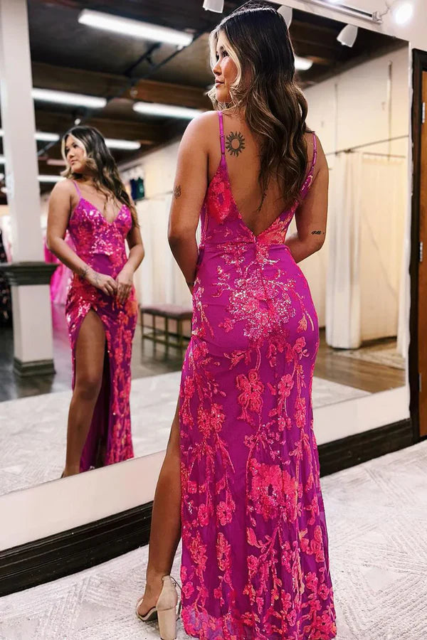 Luolandi Fuchsia Sequins Lace V Neck Mermaid Long Prom Dress Sparkly Evening Dress With Slit
