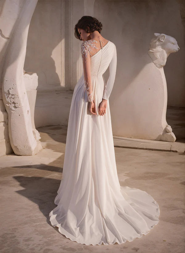 Luolandi A-Line Scoop Neck Long Sleeves Sweep Train Wedding Dresses With Front Split Elegant