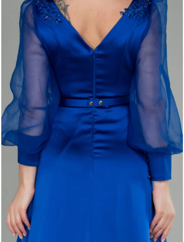 Luolandi A-Line Evening Gown Elegant Dress Formal Fall Floor Length Long Sleeve V Neck Satin with Pleats Slit Shouder Flower