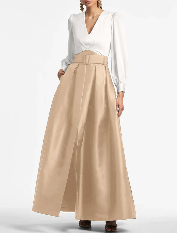 Luolandi A-Line Evening Gown Party Dress Wedding Guest Floor Length Short Sleeve V Neck Belt / Sash Satin with Pleats Fashion