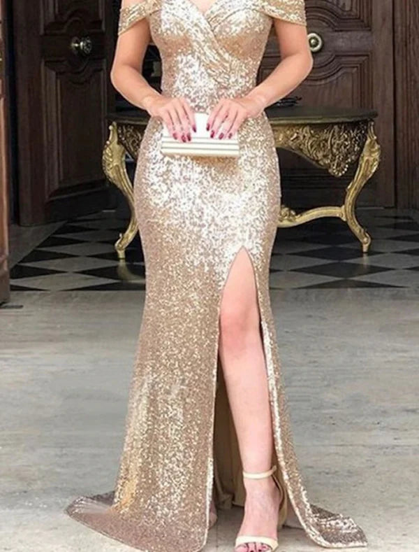 Luolandi Mermaid / Trumpet Prom Dresses Sparkle & Shine Dress Party Wear Wedding Party Sweep / Brush Train Sleeveless Off Shoulder Sequined with Sequin Slit Evening Dress