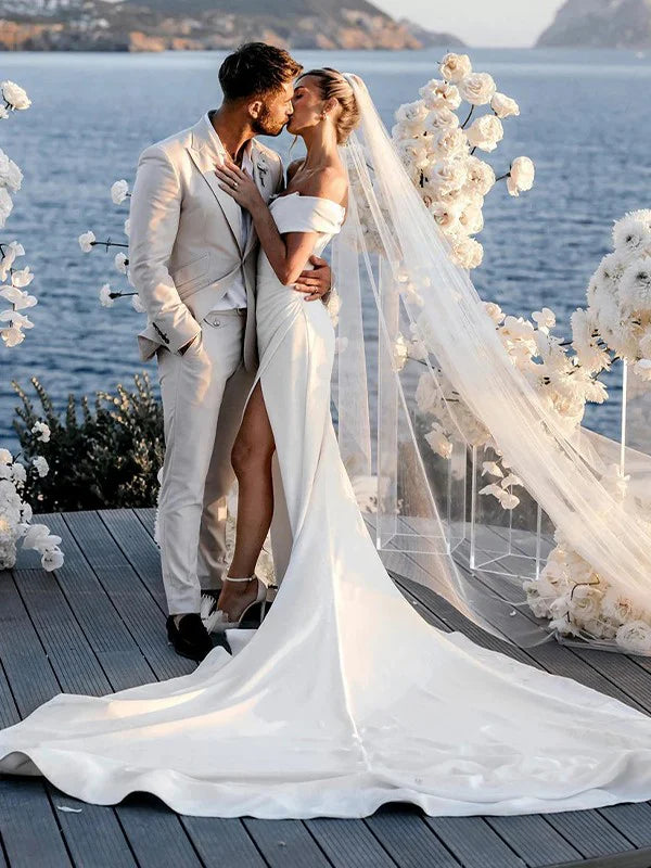 Luolandi Sheath/Column Crepe Ruched Off-the-Shoulder Sleeveless Chapel Train Wedding Dresses With Slit Without Wedding Veil