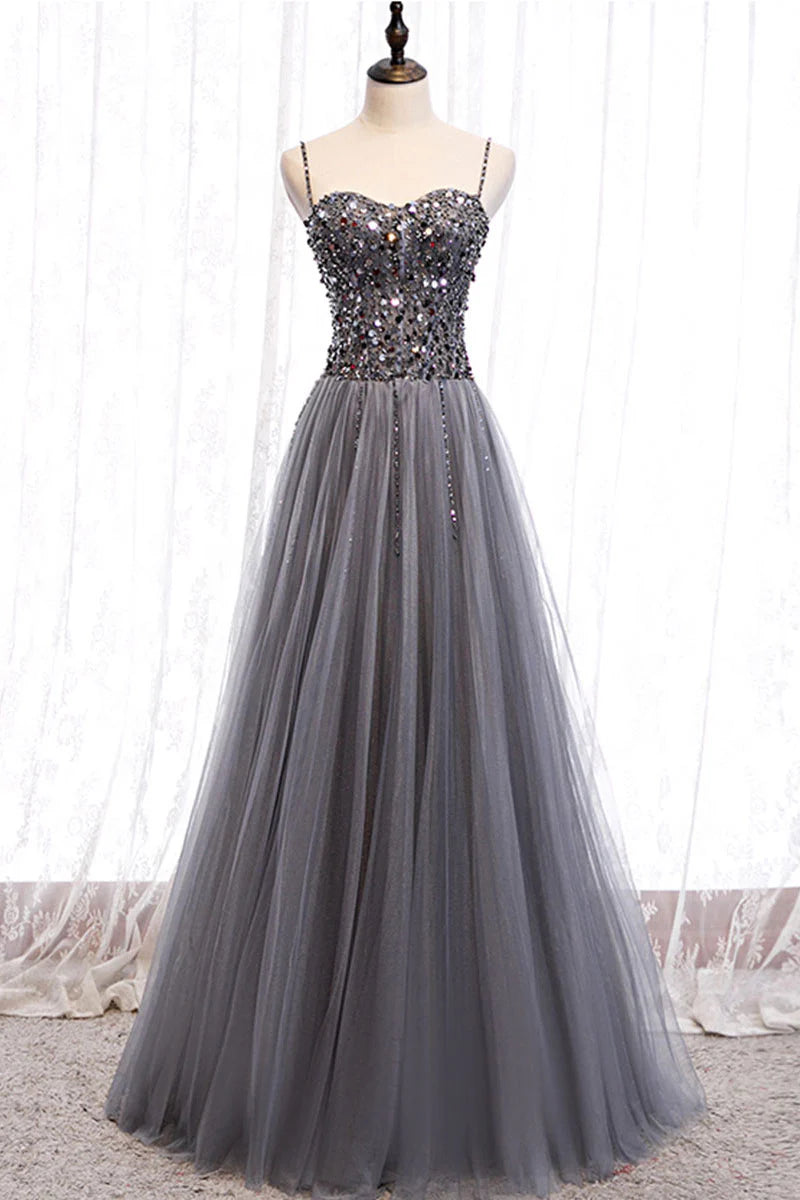Luolandi Gray tulle sweetheart neck sequin long prom dress formal dress A Line Formal Dress