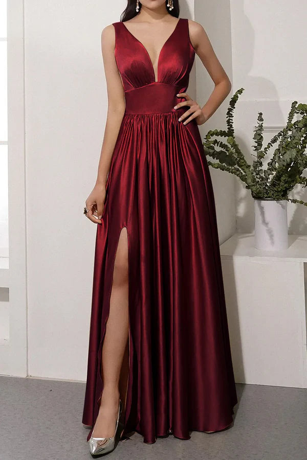 Luolandi Off shoulder satin backless and floor length front slit prom dress Sexy Evening Dress