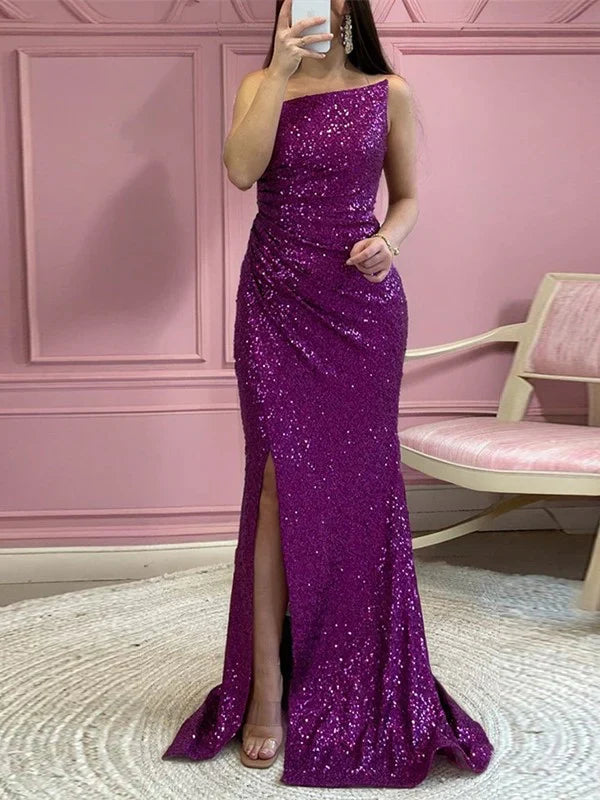 Luolandi Mermaid sequin strapless sleeveless and floor length slit prom dress Sparkly Evening Dress