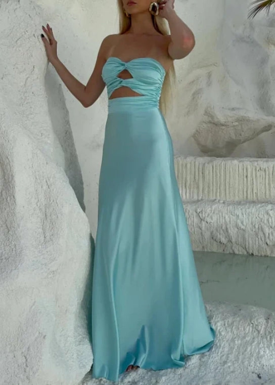 Luolandi Light Blue Strapless Satin Simple Long Prom Dress Yellow Off Shoulder Sexy Party Dress