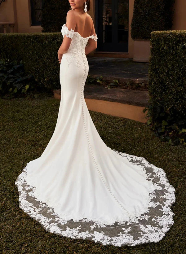 Luolandi Lace Sweep Train Modern Wedding Dress Off Shoulder Floor Length Elegant with Appliques
