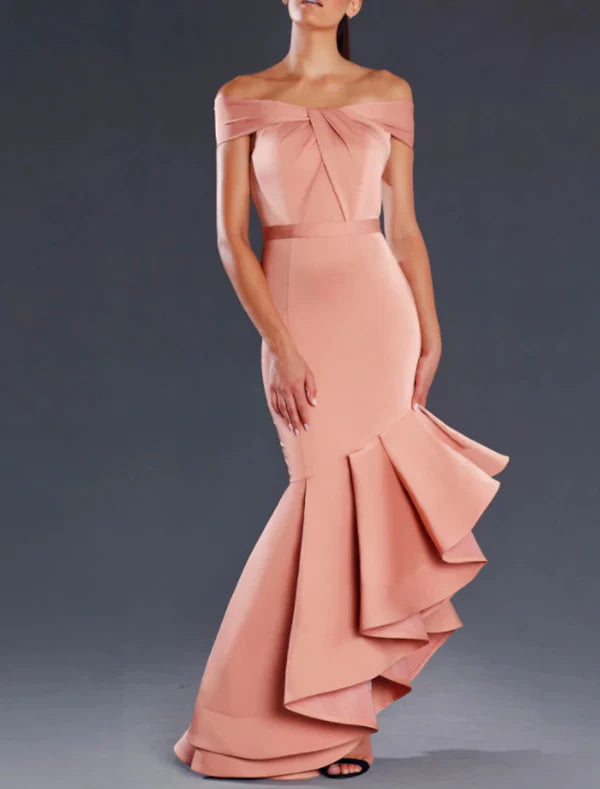 Luolandi Mermaid / Trumpet Prom Dresses Minimalist Dress Valentine's Day Wedding Guest Asymmetrical Sleeveless Off Shoulder Satin with Ruffles Party Dress