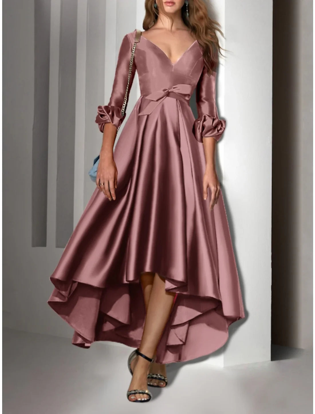Luolandi A-Line Cocktail Dresses Elegant Dress Wedding Guest Birthday Asymmetrical 3/4 Length Sleeve V Neck Satin with Bow(s) Evening Dress