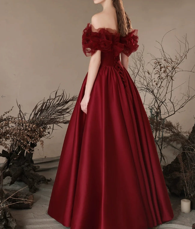 Luolandi A-Line Off Shoulder Satin Burgundy Long Prom Dress Formal Dress Elegant Evening Dress