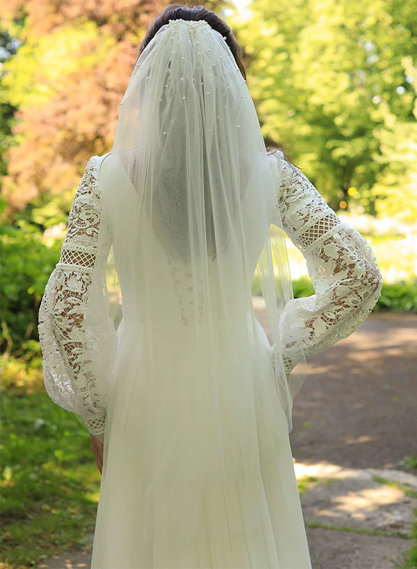 Luolandi Sweep Train Chiffon/Lace Wedding Dress With A-Line V-Neck And Long Sleeves Formal Dress With Slit