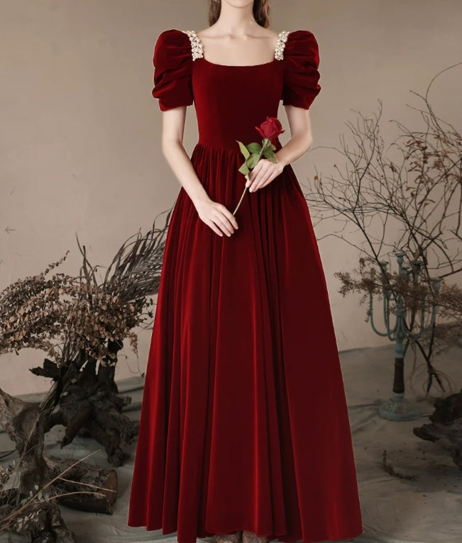 Luolandi A- Line Velvet Burgundy Long Prom Dress Formal Dress Elegant Evening Dress december wedding guest dress