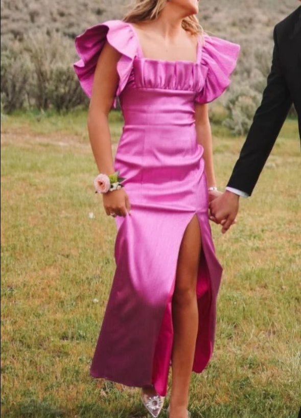 Luolandi Elegant Square Neck Short Sleeves Long Prom Dress with Slit Charming Party Dress