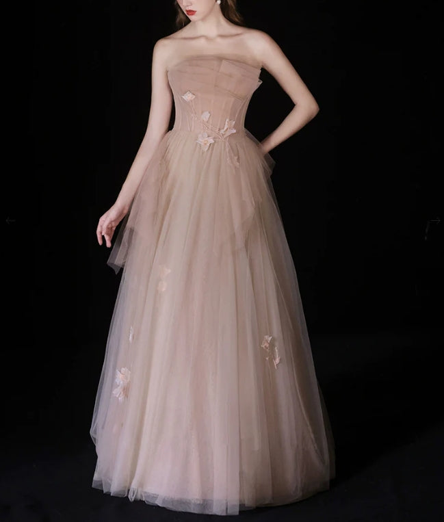 Luolandi A-Line Strapless Tulle Beads Long Prom Dress Sweet Formal Dress Elegant Evening Party Dress