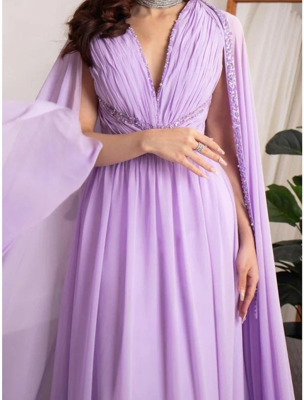 Luolandi A-Line Evening Gown Elegant Dress Formal Fall Court Train Long Sleeve V Neck Chiffon with Pleats Sequin Floor Length