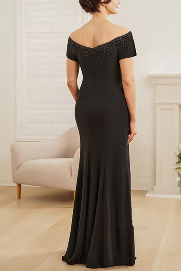 Luolandi Off the shoulder short sleeved ruffled slit mother of the bride dress Floor Length