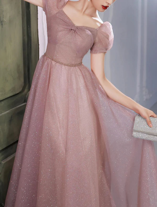 Luolandi A-Line Beautiful Back Elegant Prom Formal Evening Birthday Dress Sweetheart Neckline Short Sleeve Floor Length Lace with Beading