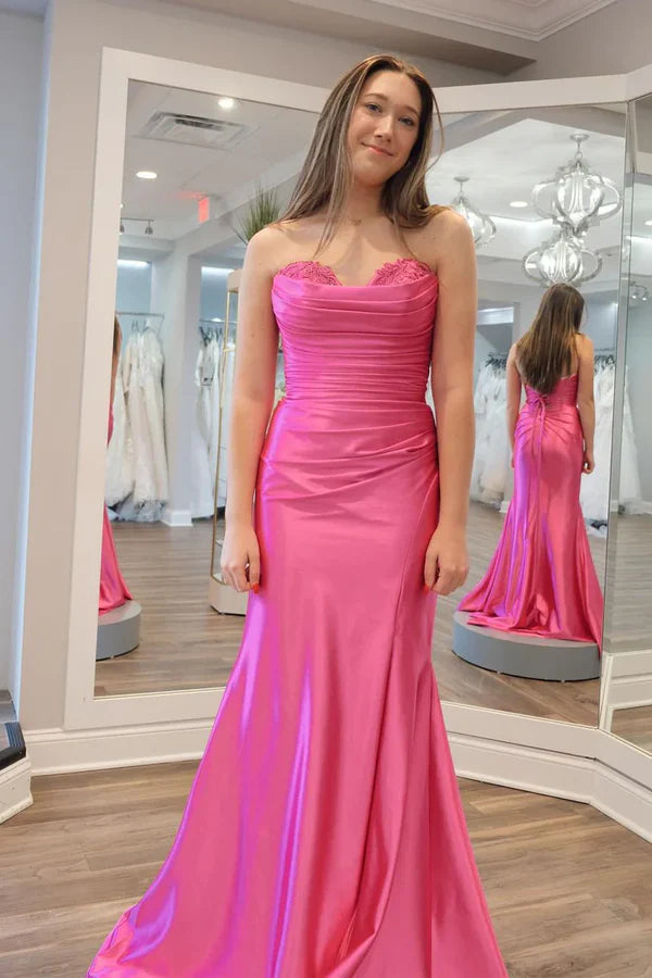 Luolandi Mermaid Sweetheart Pink Satin Long Prom Dresses Off Shoulder Evening Dress