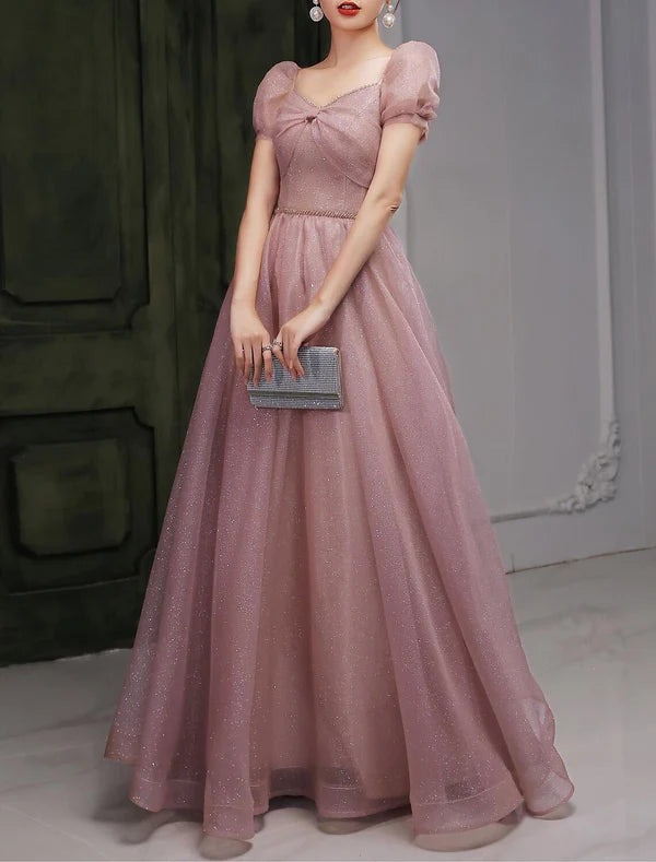 Luolandi A-Line Beautiful Back Elegant Prom Formal Evening Birthday Dress Sweetheart Neckline Short Sleeve Floor Length Lace with Beading