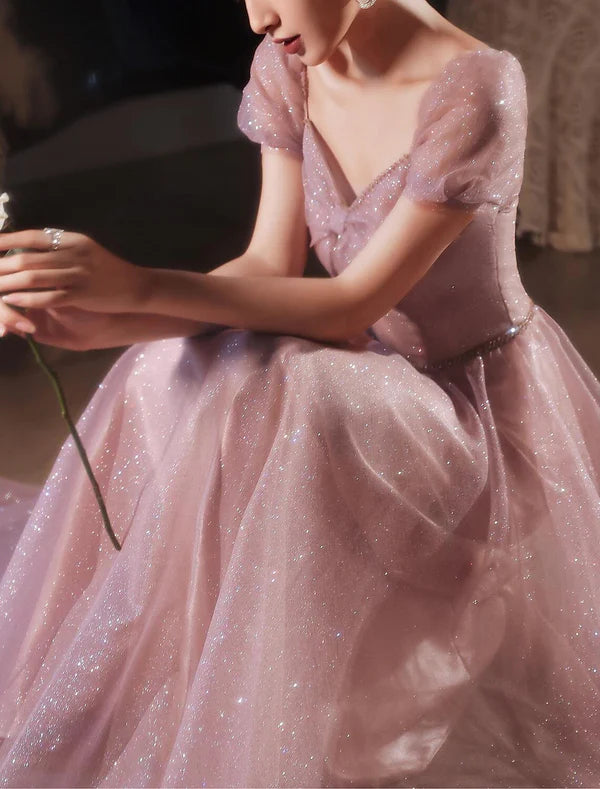 Luolandi A-Line Beautiful Back Elegant Prom Formal Evening Birthday Dress Sweetheart Neckline Short Sleeve Floor Length Lace with Beading