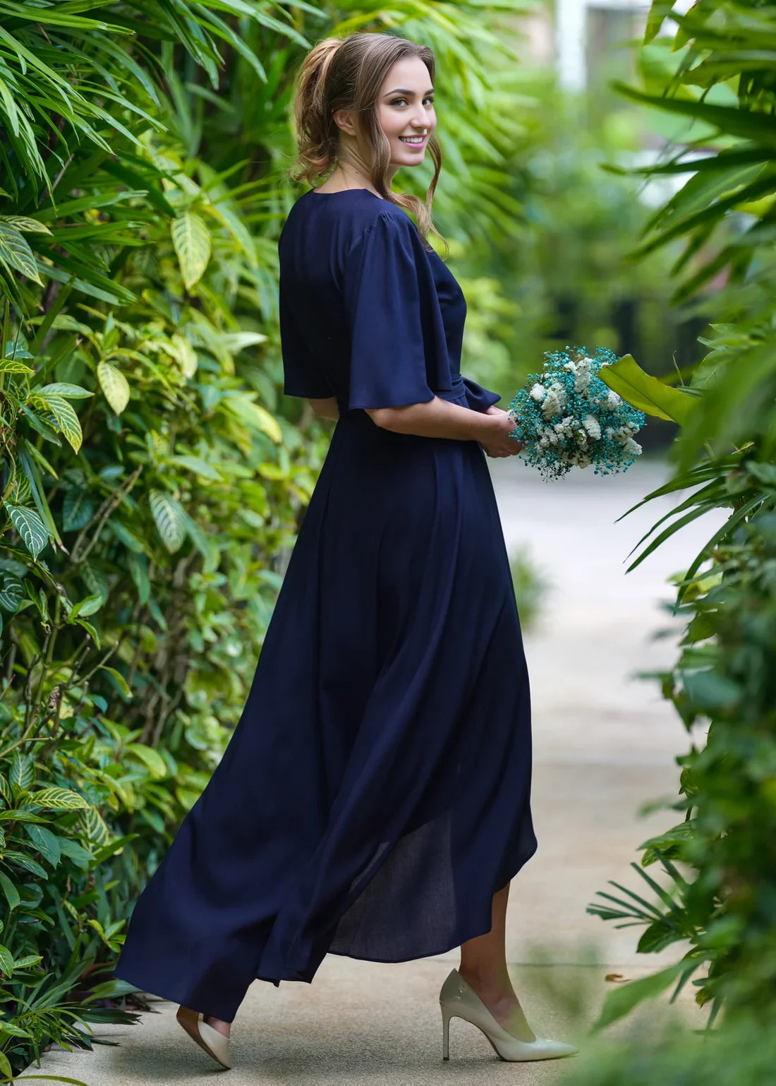 Luolandi Navy Blue Chiffon Bridesmaid Dress Wedding Guest Dress Chiffon Long Wrap Dress Party Dress