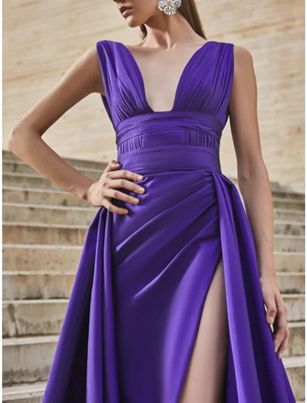 Luolandi A-Line Celebrity Style Minimalist Elegant Engagement Prom Dress V Neck Sleeveless Court Train Satin with Slit Overskirt Sexy Evening Dress