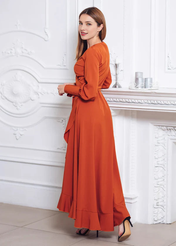 Luolandi Rust Orange Long Sleeves Wrap Dress Maxi Bridesmaid Dress Cocktail Dress Wedding Guest Dress Elegant