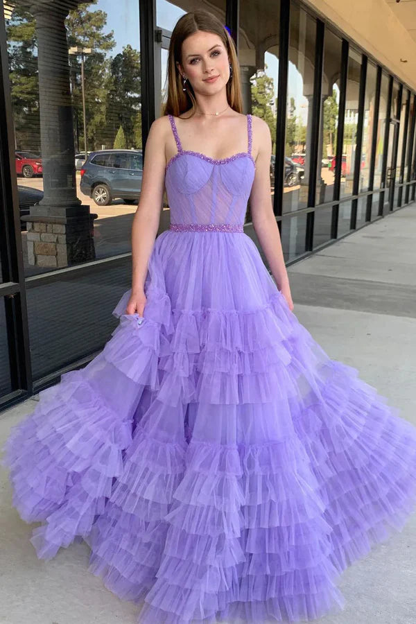 Luolandi Lilac Sweetheart Ruffle Tulle A-Line Long Prom Dresses with Beading Floor Length Evening Dress