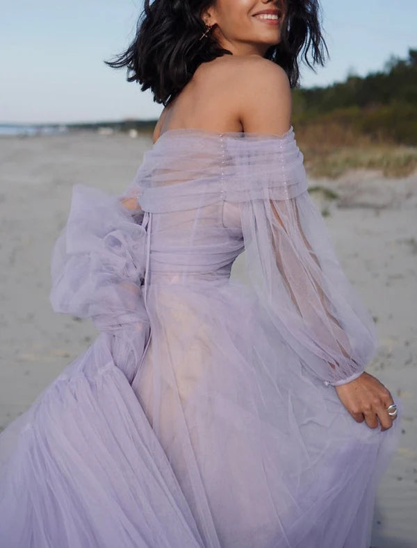 Luolandi A-Line Elegant Sexy Wedding Guest Prom Dress Off Shoulder Long Sleeve Floor Length Tulle with Bow(s) Pleats Evening Dress