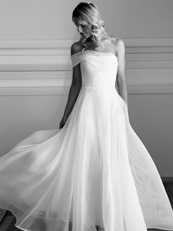 Luolandi A-Line/Princess Organza Ruched One-Shoulder Sleeveless Court Train Wedding Dresses Solid Color