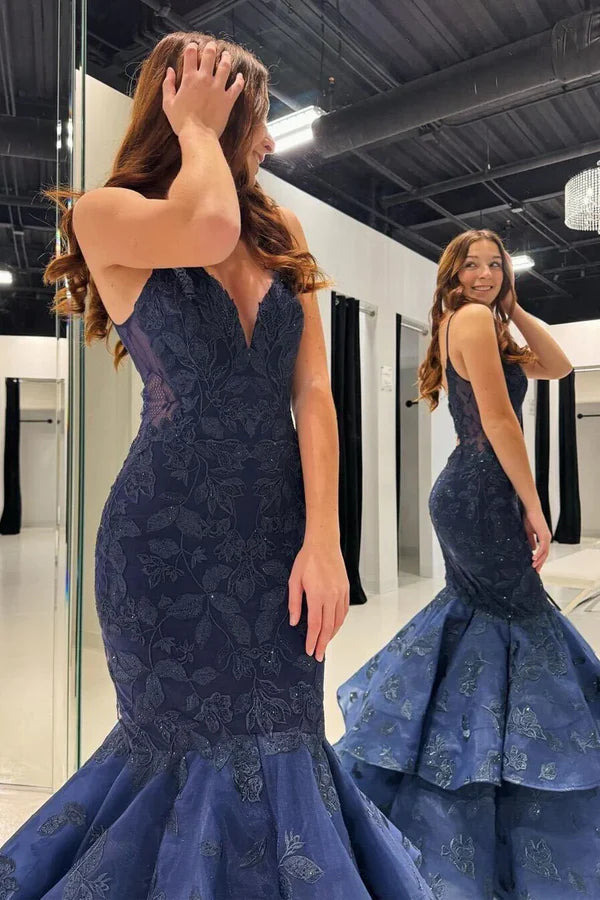 Luolandi Navy Blue V Neck Mermaid Long Prom Dresses with Appliques Sexy Evening Dress
