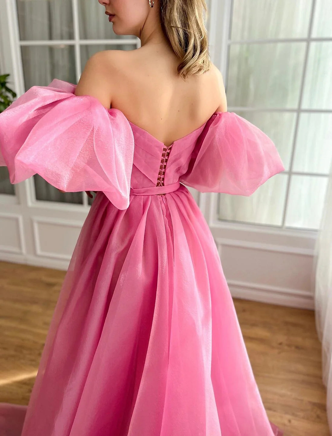 Luolandi Pink Ball Gown A-Line Prom Dresses Princess Dress Prom Birthday Court Train Short Sleeve Tulle Backless with Ruched Off Shoulder