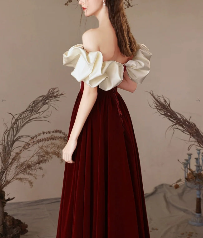 Luolandi A-Line Sweetheart Neck Velvet Burgundy Long Prom Dress Evening Dress Off Shoulder Elegant