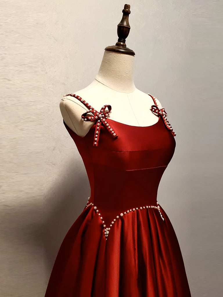 Luolandi A-Line Satin Burgundy Long Prom Dress Formal Dress Elegant Evening Dress With Bow(s)