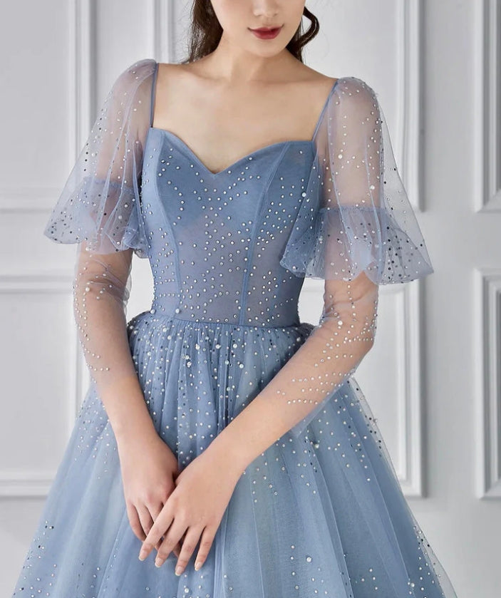 Luolandi Blue Tulle Beaded Floor Length Prom Dress V-Neck Evening Party Dress Beautiful