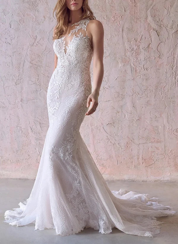Luolandi Elegant Lace/Tulle Wedding Dresses With Trumpet/Mermaid Illusion Neck Floor Length Elegant