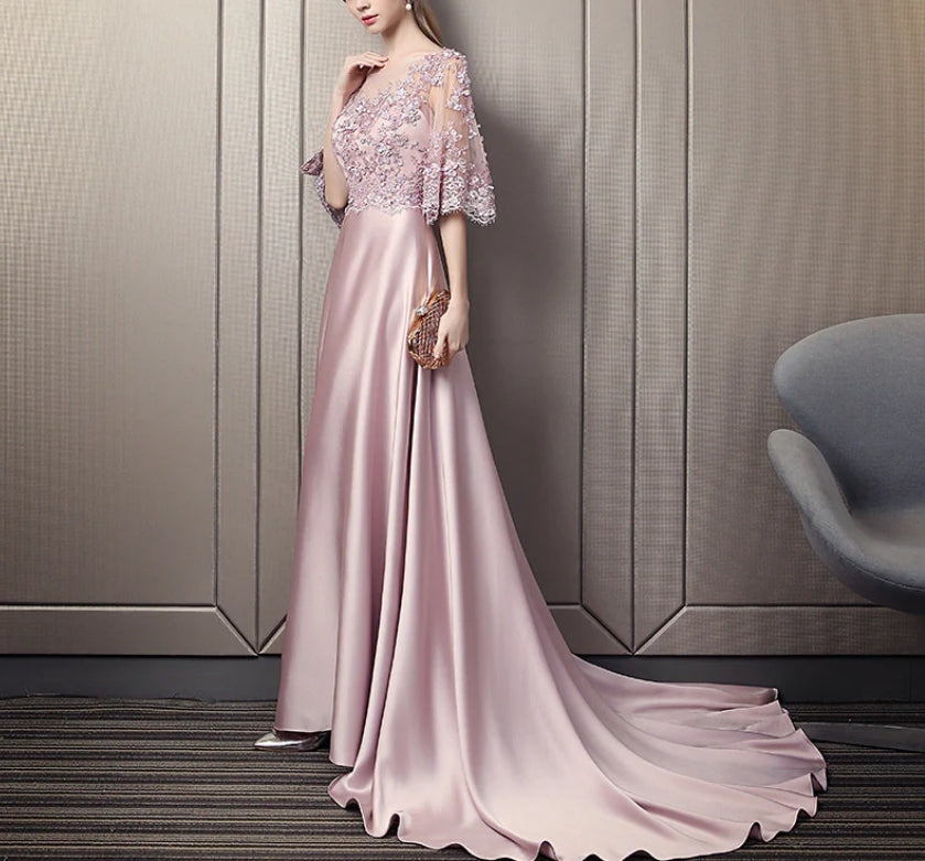 Luolandi Pink Soft Satin Long Party Dress with Lace Top A-line Pink Evening Dress Prom Dress Mother of the Bride Dress
